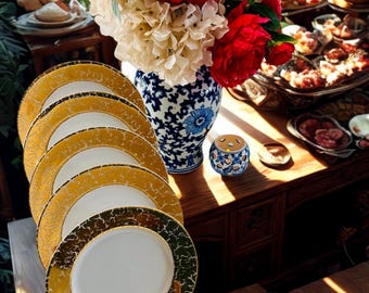 Crate and Barrel Gold Crackle Rim Porcelain Plates - Set of 6 Salad Dessert Plates, Discontinued Pattern CBL87, Free Shipping