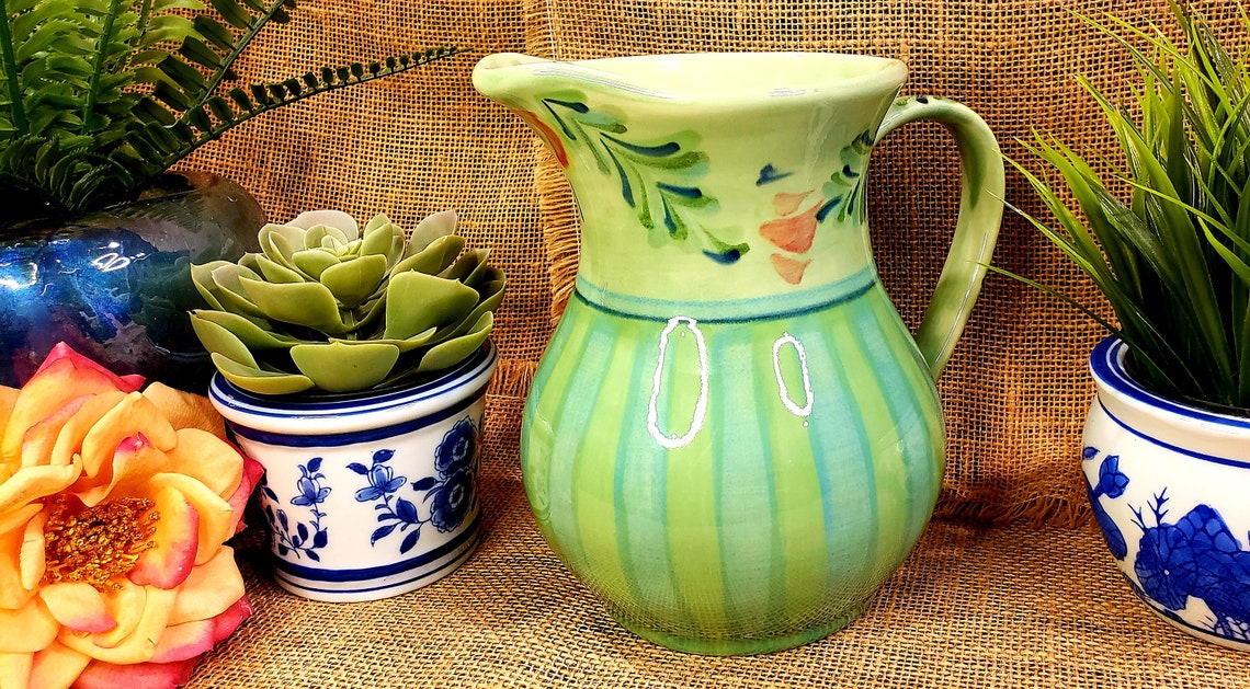 Pottery Pitcher Gail Pittman Hand Painted Boho Green Floral Etsy
