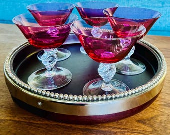 SPARKLING HOT PINK~Cranberry Champagne Coupe Cocktail Glasses, Vintage Set of 5