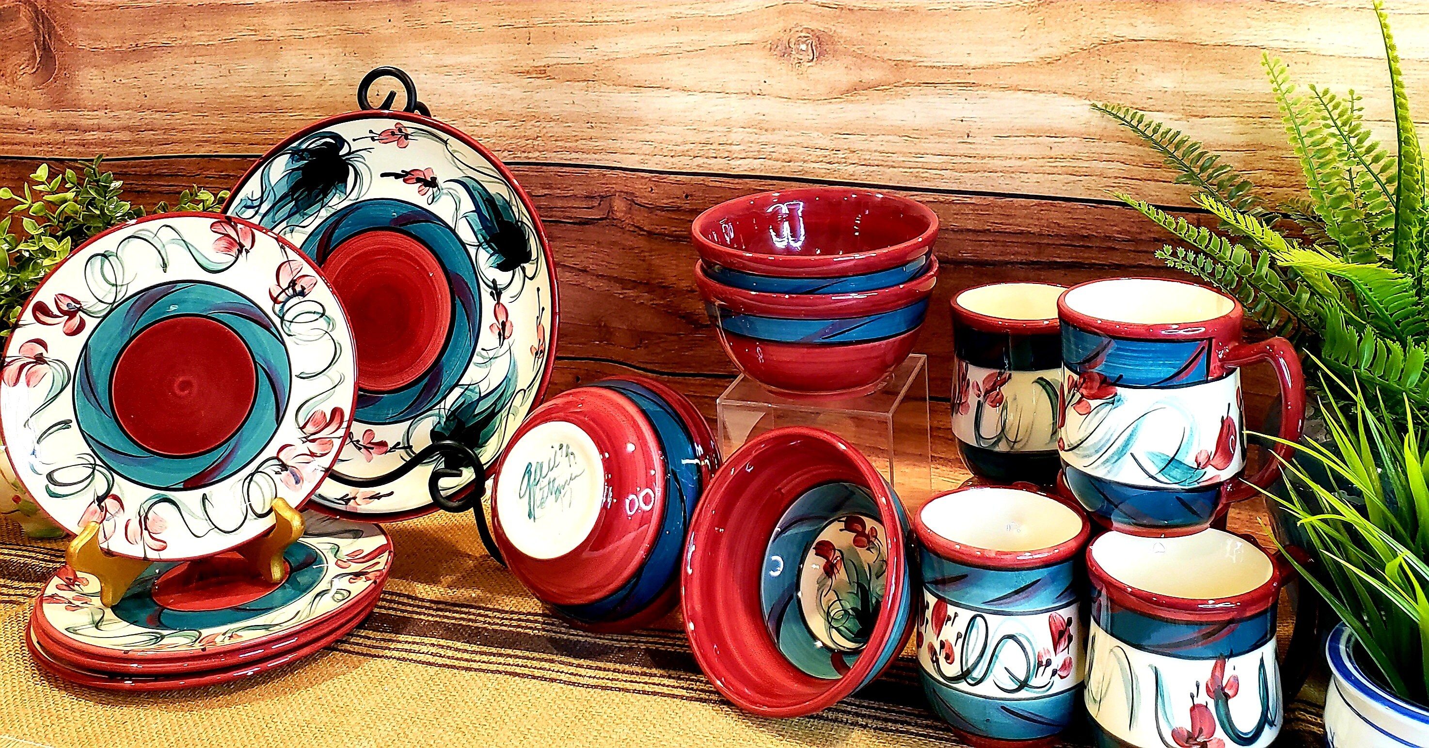 Vintage 1992 Gail Pittman Pottery, Hand Painted Red Grapevine Pattern