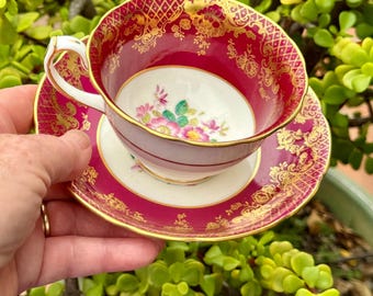 Bone China ~ Vintage Hammersley Scarlet Floral Teacup & Saucer Set ~ Gold Accents