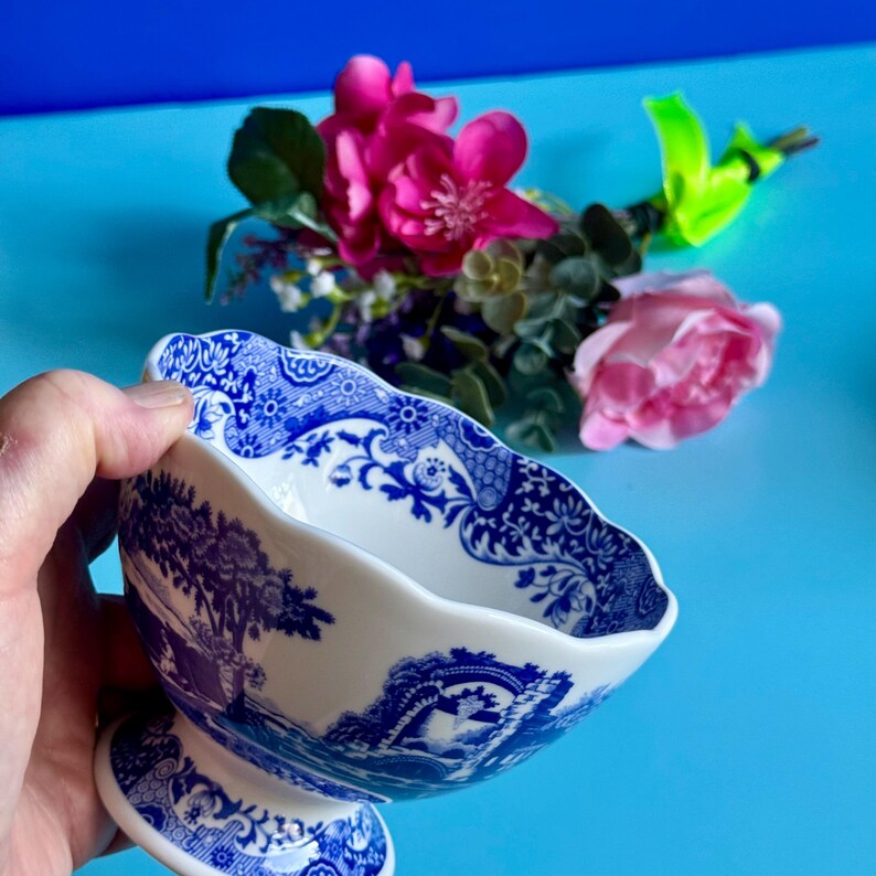 May include: A white and blue ceramic bowl with a pedestal base. The bowl features a detailed blue pattern of landscapes and floral designs. The rim has a scalloped edge. The bowl is held in a hand, with pink flowers in the background.