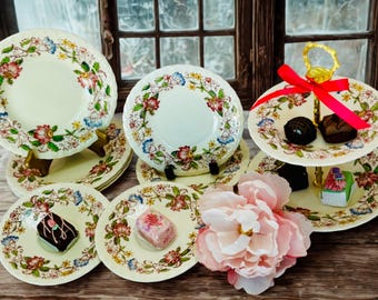VTG  Vernon Kilns Dolores Petite 2-Tier Server +  8 Piece (Plates/Saucers) Crafting Replacement Lot, Hand Painted California Pottery (As Is)
