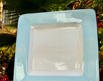 Laurie Gates Emma Blue Square Dinner Plate, Mid-Century Modern Turquoise Stoneware