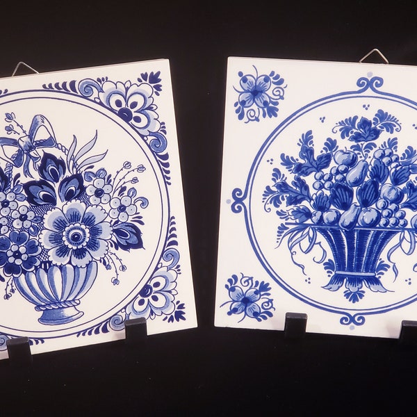 Pair of BLUE DELFT TILES, Handmade in Schoonhoven Holland, 6" Square, Fruit Basket & Floral Urn, Kitchen Decor or Trivet, Housewarming Gift