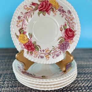 COPELAND SPODE PICCADILLY Saucers, Set/5, Transferware, Made in England, Coupe Shaped, Cream Color with Cabbage Rose Design & Embossed Edge