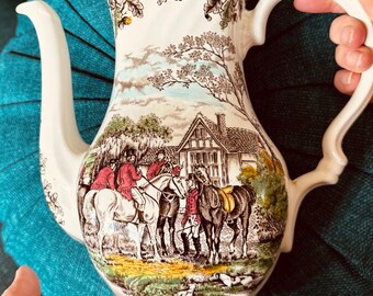 Vintage Myotts "Country Life" Tall Coffee Pot or Teapot ~ Multicolor Fox Hunt Scene, Staffordshire, Made in England