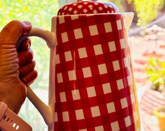 RED GINGHAM Tall DUTCH Coffee or Tea Pot, Picnic Table Centerpiece