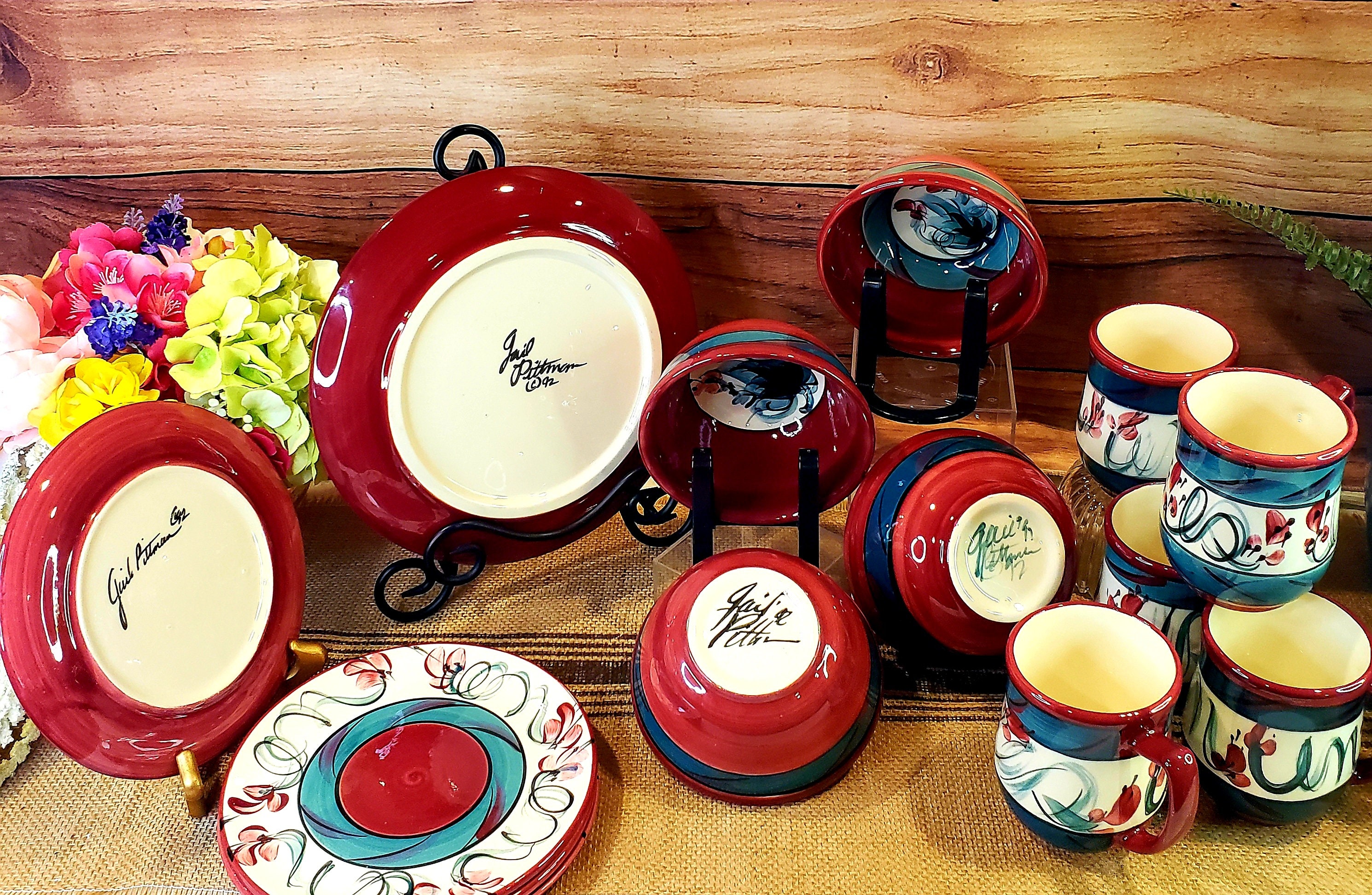 Vintage 1992 Gail Pittman Pottery, Hand Painted Red Grapevine Pattern