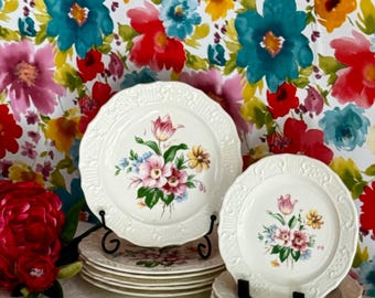 VTG Washington Colonial Plates, 12 Piece Set Vogue China Made in USA 1940s Embossed Scalloped Border Multi-Color Floral Accent Dessert Stack
