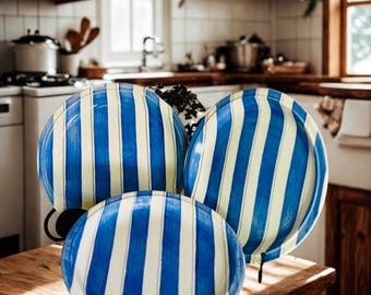 Vintage Grindley Pinstripe Dinner Plates ~ Set of 3 ~ Blue Stripe Pattern, Staffordshire, England Ironstone Retro Nautical Coastline Bistro