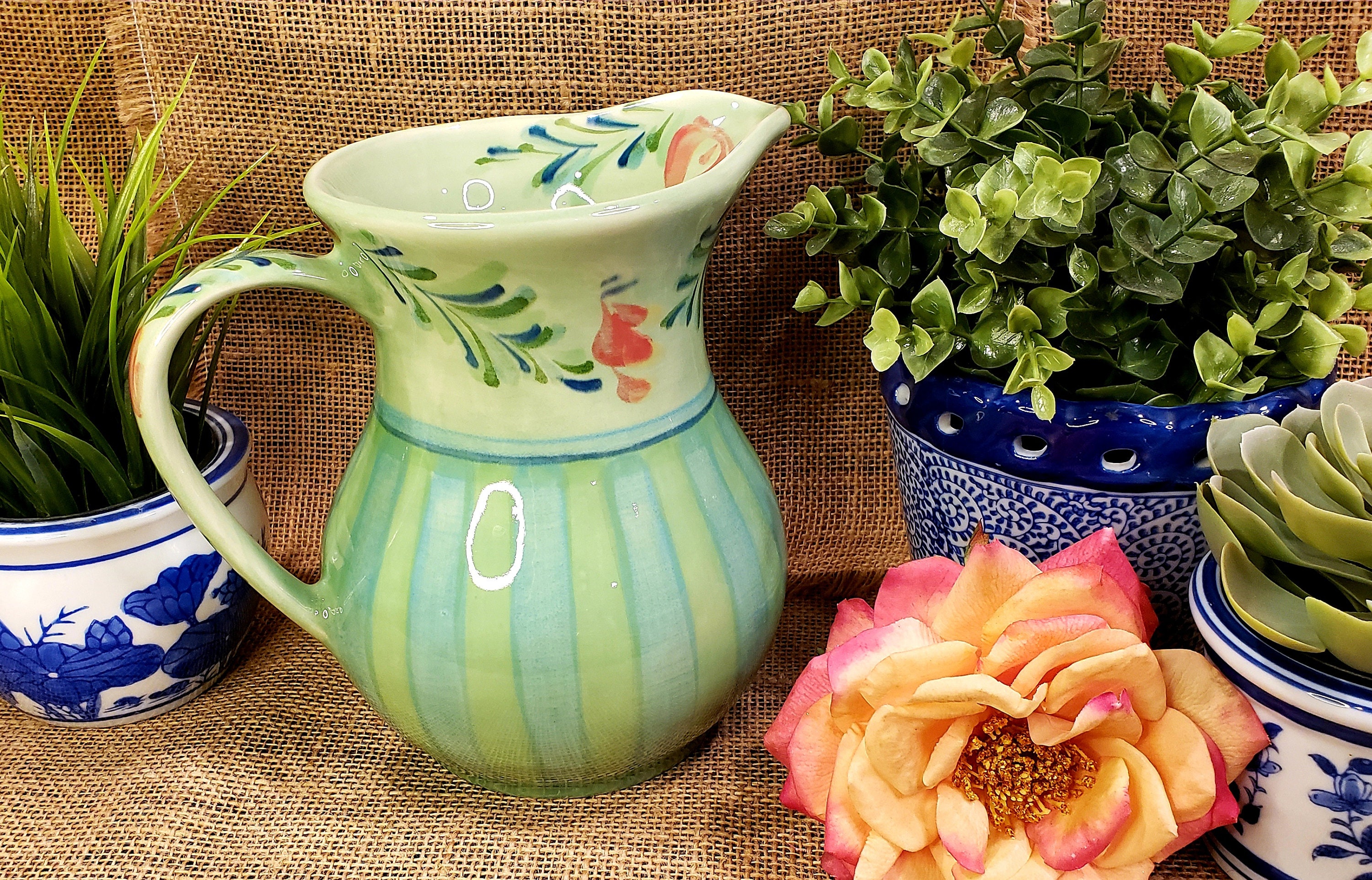 Pottery Pitcher Gail Pittman Hand Painted Boho Green Floral Etsy
