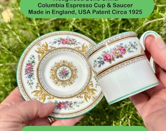 Bone China ~ Vintage Wedgwood “Columbia” Demitasse/Espresso Cup and Saucer with Green Griffen Accents