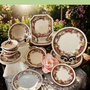 May include: A collection of Johnson Brothers Devonshire dinnerware featuring cream-colored ceramic plates, bowls, and cups with a decorative border of red roses and brown foliage. The pieces have a rope-textured edge and a glossy finish.