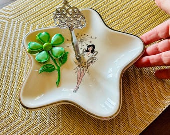 Star-Shaped Ceramic Trinket Dish: Tinkerbell Character, Silver Trim, Handle (Hand-Crafted)