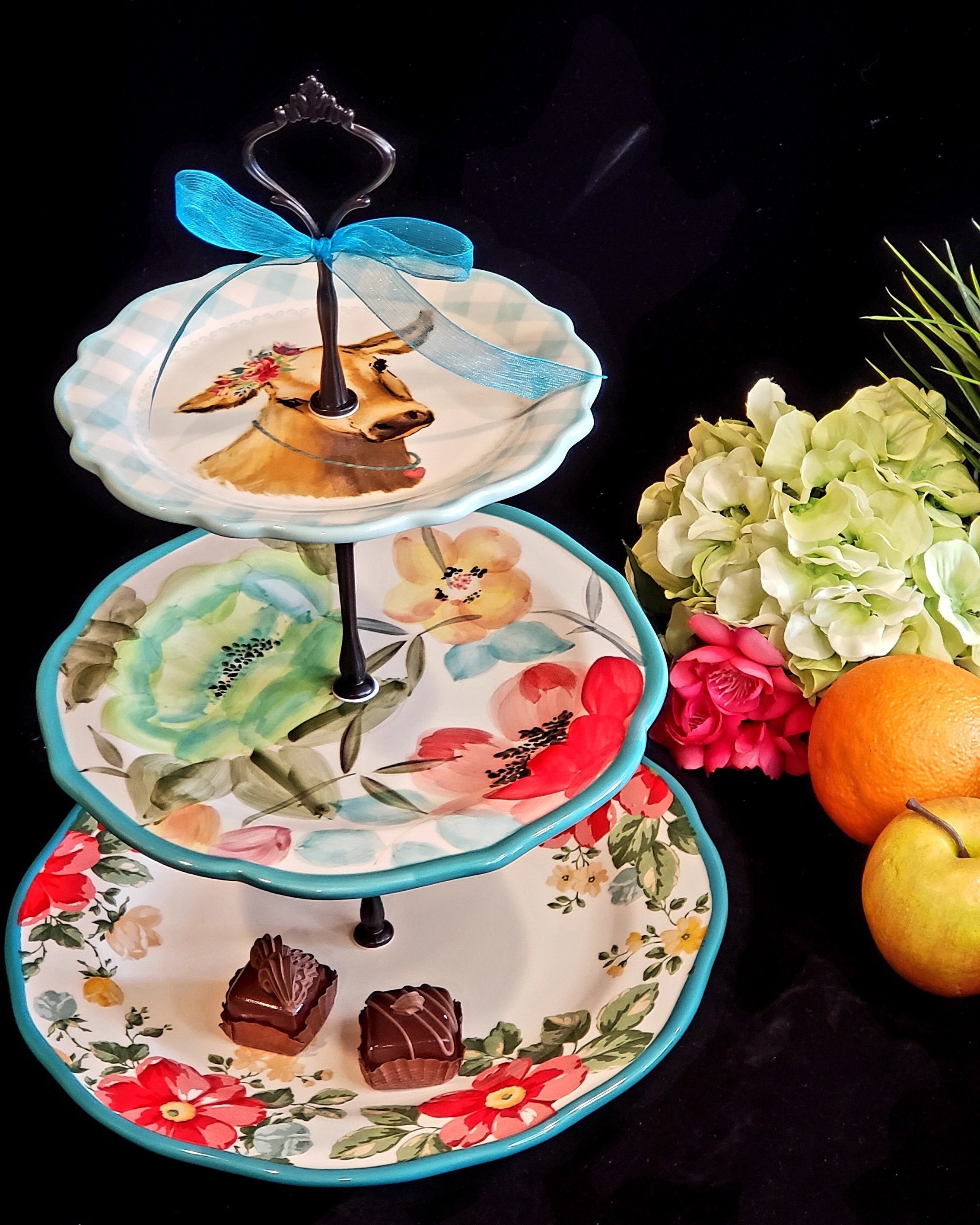 PIONEER WOMAN 3 TIER Urban Farmhouse Decor Blue Gingham Cow Floral Plates Cupcake Server Wedding Baby or Bridal Shower Buffet