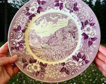 Vintage Yosemite Valley Transferware Plate, Mulberry Purple Floral Border, Adams, England