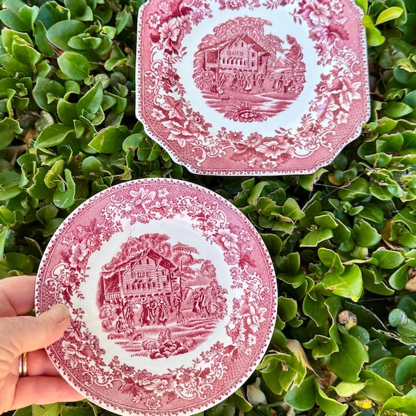 Avon Cottage Cranberry Transferware: Staffordshire Salad and Bread Plates