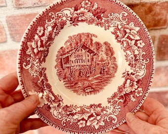 Vintage “AVON COTTAGE” Cranberry Transferware ~ Rim Soup Bowls