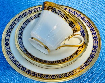Bone China ~ Vintage Lenox Tudor Teacup & Saucer Set ~ Cobalt/Gold Geometric (4 Sets Available)
