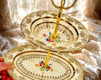 Vintage Homer Laughlin Vogue Nautilus 2-Tier Trinket Dish: Floral Gold Trim (22K Accents)