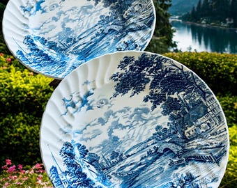 Vintage Staffordshire Bluebrook Dinner Plates Pair of 2 English Ironstone Blue and White Transferware 10" Countryside Scene Swirl Rim Ruffle