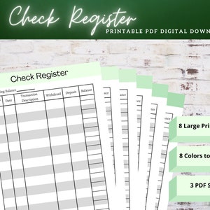 Check Register, Checkbook Register, Large Print Check Register, Printable Check Register, PDF Checkbook Register, Checkbook Log