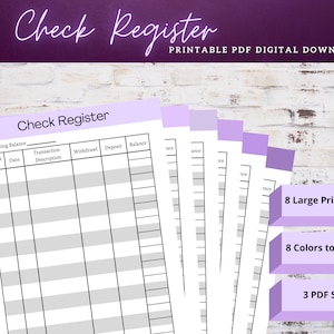 Check Register, Checkbook Register, Large Print Check Register, Printable Check Register, PDF Checkbook Register, Checkbook Log