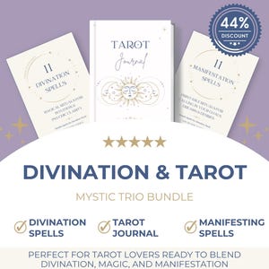 May include: A promotional image for a mystic trio bundle featuring a tarot journal and two spell books. The white journal has a sun and moon design. The spell books are titled "Divination Spells" and "Manifestation Spells". A discount badge is visible.