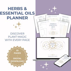 Może przedstawiać: Cyfrowy planer zatytułowany "Herbs & Essential Oils Planner" z motywem słońca i księżyca. Obraz zawiera laptopa, smartfona i kilka wydrukowanych stron. Tekst zawiera "Odkryj magię roślin" i "33 strony do pobrania cyfrowego."