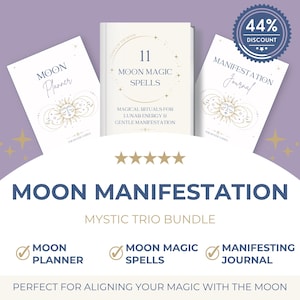 May include: A bundle of three books: a Moon Planner, 11 Moon Magic Spells, and a Manifestation Journal. The books have a celestial design with gold accents and the text "Moon Manifestation" at the bottom. A 44% discount badge is in the top right.