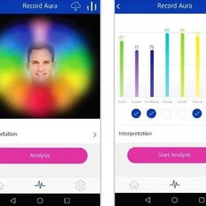 May include: Screenshots from a mobile app, "Record Aura." The first screen shows a person's face surrounded by a colorful aura, with a pink "Analysis" button. The second screen displays a bar graph with numerical data and a "Start Analysis" button.