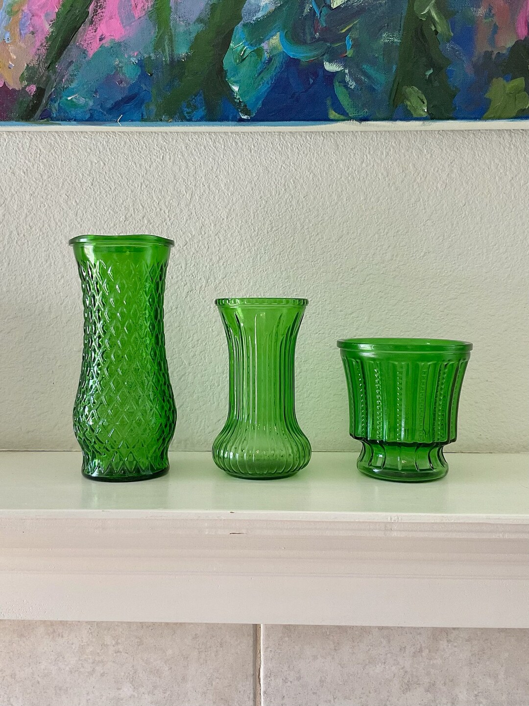 Vintage Emerald Glass Vases Set of Three/ Green Glass Vases/ Textured