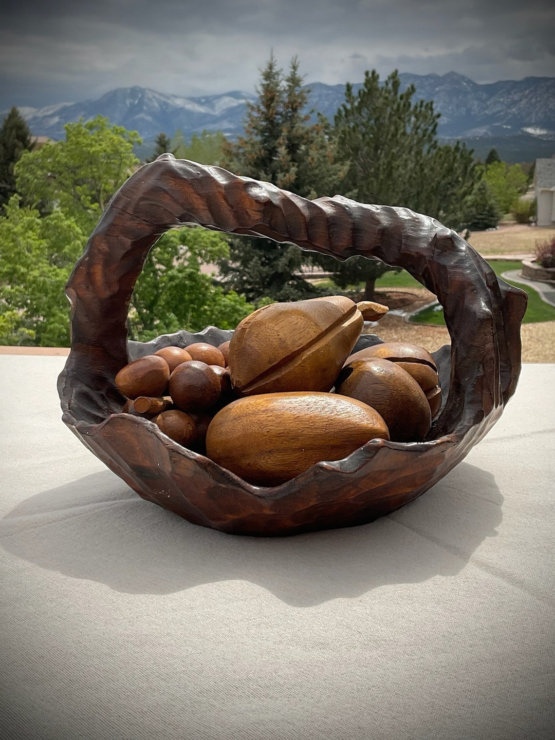 Vintage Handcarved Wooden Basket With Fruit Bohemian Centerpiece Etsy