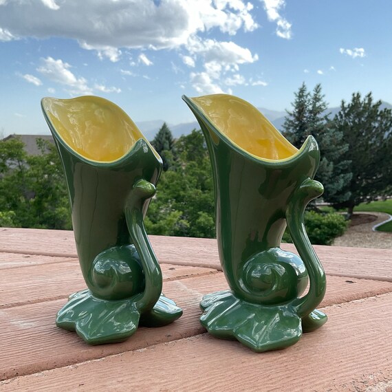 Vintage Red Wing Pottery Leaf Cornucopia Vases Kelly Green Etsy