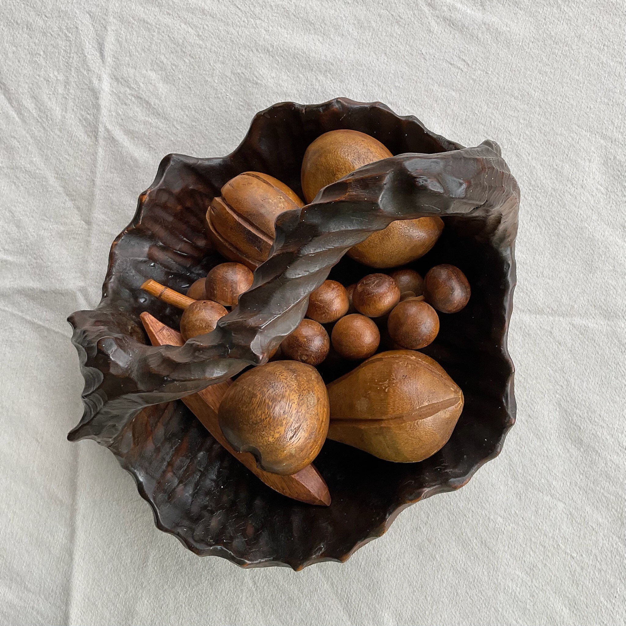 Vintage Handcarved Wooden Basket With Fruit Bohemian Centerpiece Etsy