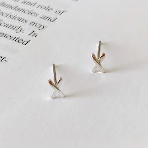 May include: A pair of small, silver-colored stud earrings. Each earring features an X-shaped design. The earrings are displayed on a white surface with text in the background.
