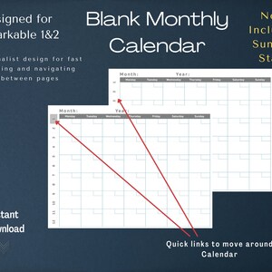 NEW - Now Includes Sunday Start - reMarkable minimalistic blank monthly planner with quick links (pdf)