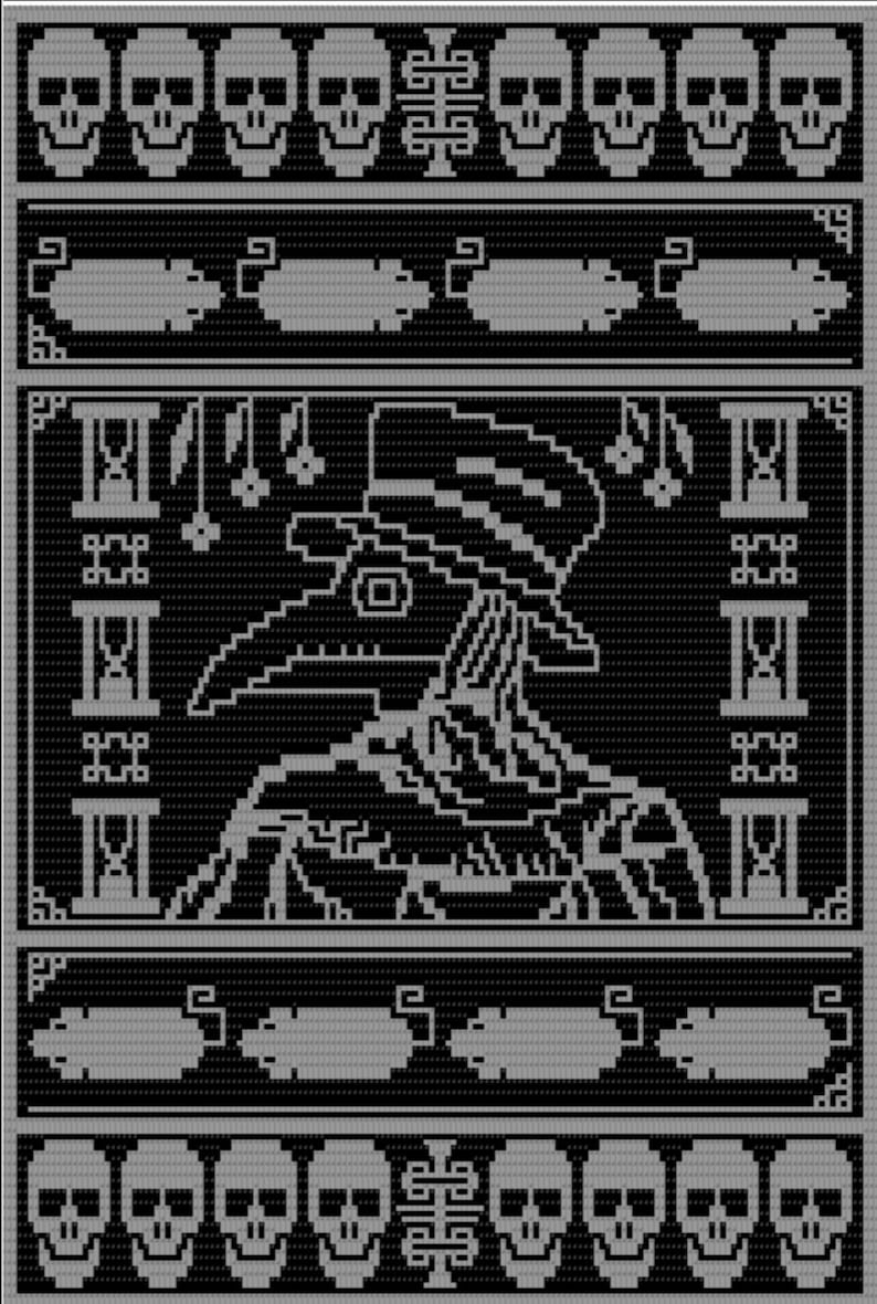 May include: Black and white pixel art design of a plague doctor wearing a long coat and a mask with a long beak. The design is surrounded by a border of skulls and hourglasses.