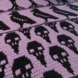 May include: A purple crocheted blanket with a black skull pattern and a black crow figurine on top.