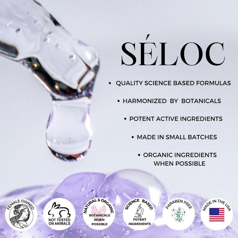 K&ouml;nnte beinhalten: Nahaufnahme einer klaren Fl&uuml;ssigkeit, die aus einer Pipette abgegeben wird. Das Bild zeigt den Markennamen "S&Eacute;LOC" und Text, der die Eigenschaften des Produkts hervorhebt: hochwertige, wissenschaftsbasierte Formeln, harmonisiert durch Pflanzenstoffe, wirksame Wirkstoffe, hergestellt in kleinen Chargen und wann immer m&ouml;glich Bio-Zutaten.