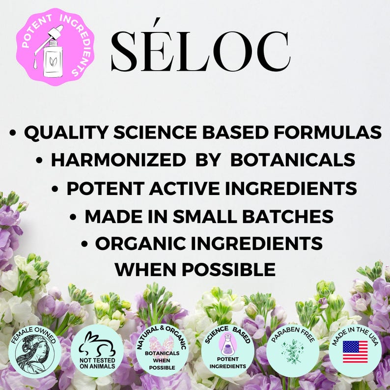 Pode incluir: Um gr&aacute;fico rosa e branco com o texto "S&Eacute;LOC" em preto. O gr&aacute;fico lista os valores da empresa: F&oacute;rmulas cient&iacute;ficas de qualidade, Harmonizadas com produtos bot&acirc;nicos, Ingredientes ativos potentes, Produzidas em lotes pequenos, e Ingredientes org&acirc;nicos quando poss&iacute;vel. O gr&aacute;fico tamb&eacute;m inclui quatro &iacute;cones circulares com texto: Propriedade feminina, N&atilde;o testado em animais, Natural e org&acirc;nico, Bot&acirc;nicos quando poss&iacute;vel, Ci&ecirc;ncia baseada, Ingredientes potentes, Livre de parabenos, e Feito nos EUA.