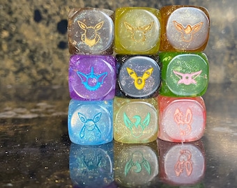 Eevee Dice Pokemon Inspired 9 Eeveelutions D6 RPG DnD Gaming Polyhedral Anime Art Umbreon Jolteon Flareon Vaporeon Glaceon + Enamel Pins