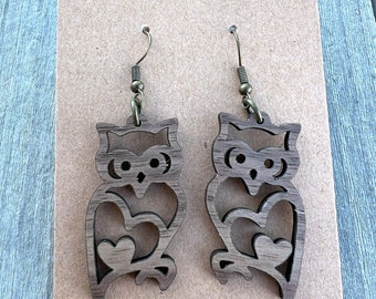 Owl Earrings: Walnut Wood, Nickel Free, Heart, Hand Crafted, Valentine's Day Gift, Teacher Gift