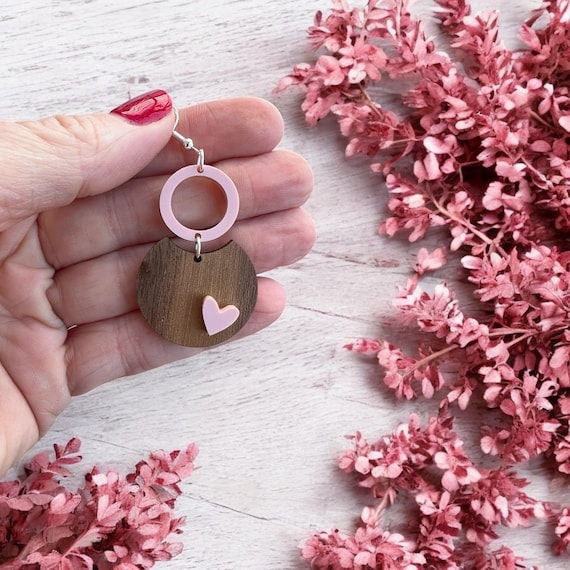 Valentine Blush Heart Earrings - Acrylic and Wood, Sterling Silver, Gift for Her, Jewelry, Valentine’s Day, Galentines, Teacher Gift