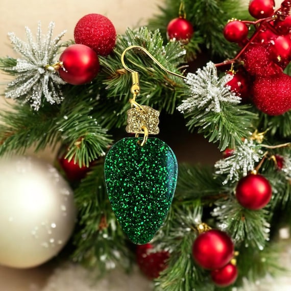 Sparkling Green Christmas Tree Light Bulb Earrings: Jewelry, Acrylic, Glitter, Sterling Silver, Holiday, Christmas, Hand Crafted Gift