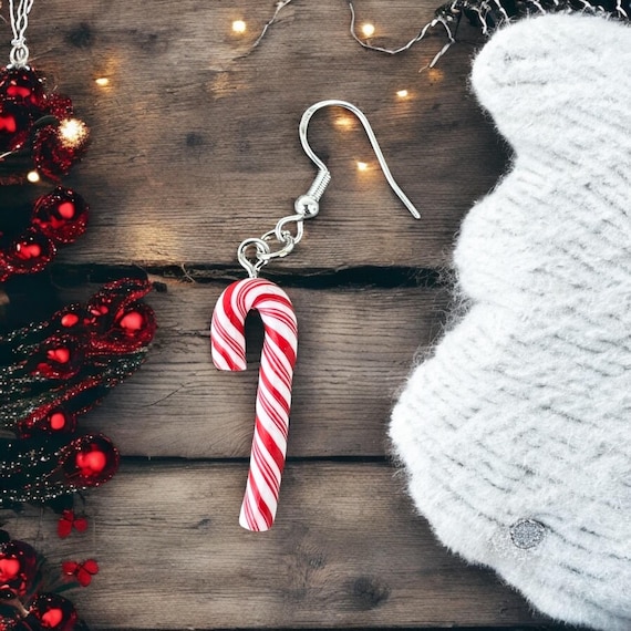 Candy Cane Earrings: Jewelry, Clay, Sterling Silver, Holiday, Hand Crafted Gift, Gift For Her, Christmas, Santa, Sweet Treat Gift
