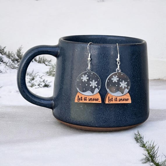 Handcrafted Snow Globe Earrings: Cherry Wood, Sterling Silver, Winter Holiday