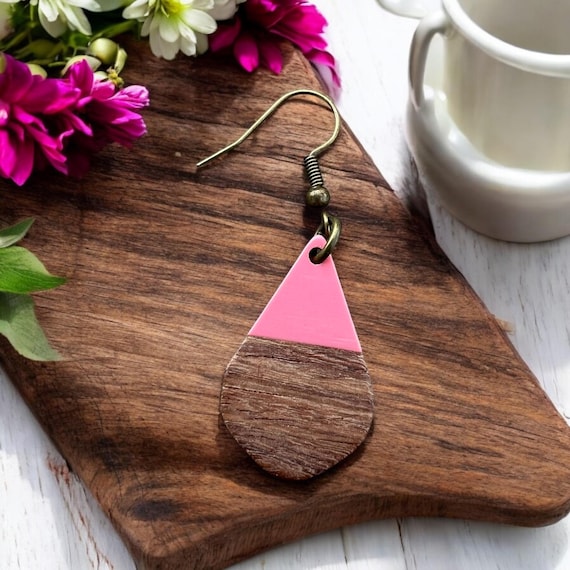 Valentine Pink Wood Teardrop Earrings - Pink Acrylic and Wood, Nickel Free, Gift for Her, Jewelry, Valentine’s Day, Galentines