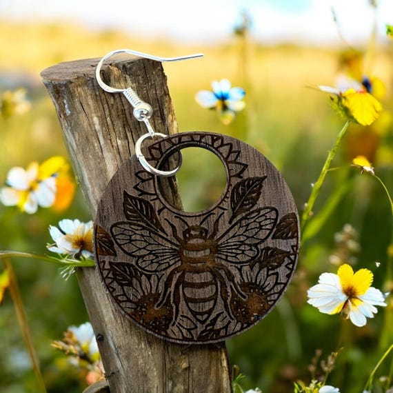 Handmade Wooden Bee Earrings | Boho Nature Jewelry | Lightweight Walnut Wood Dangles with 925 Sterling Silver Hooks | Bee Lover Gift